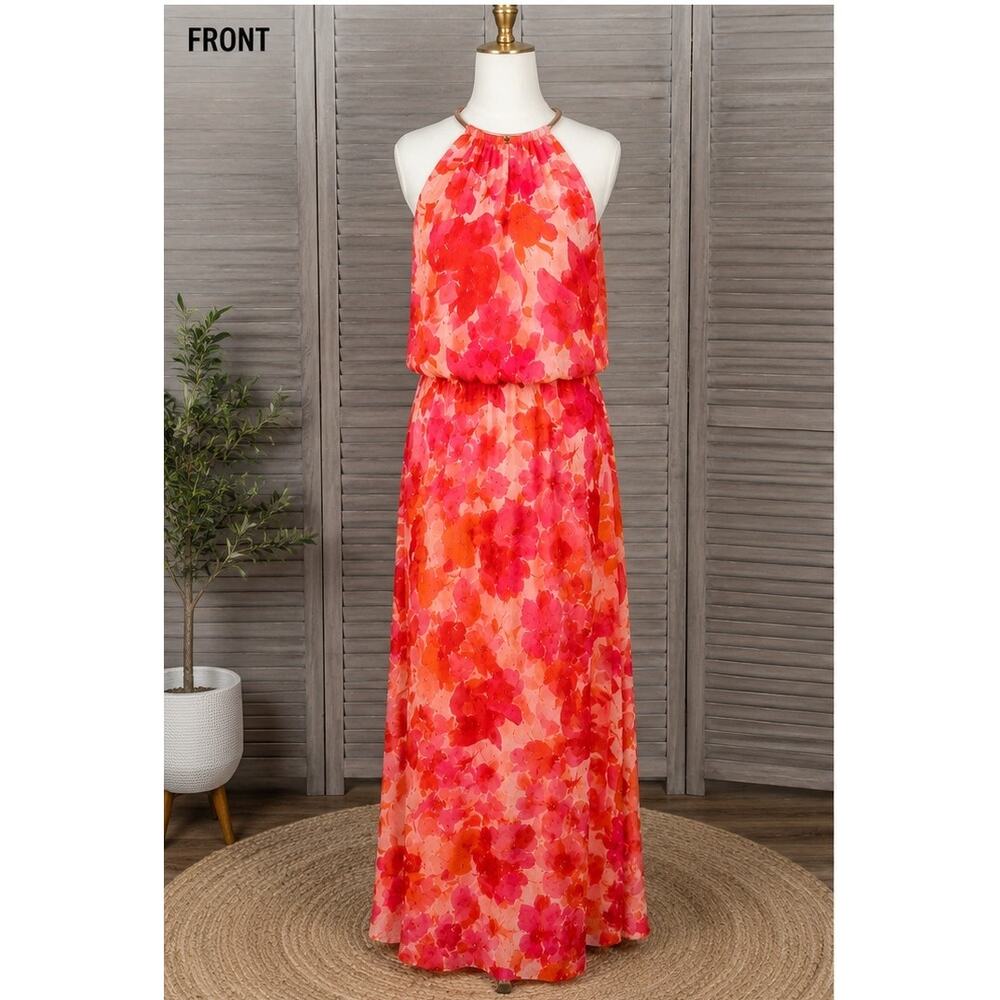 MSK Pink Coral Orange Floral Maxi Dress 12 NWT Rose Gold Hardware Halter $129 - Picture 2 of 10